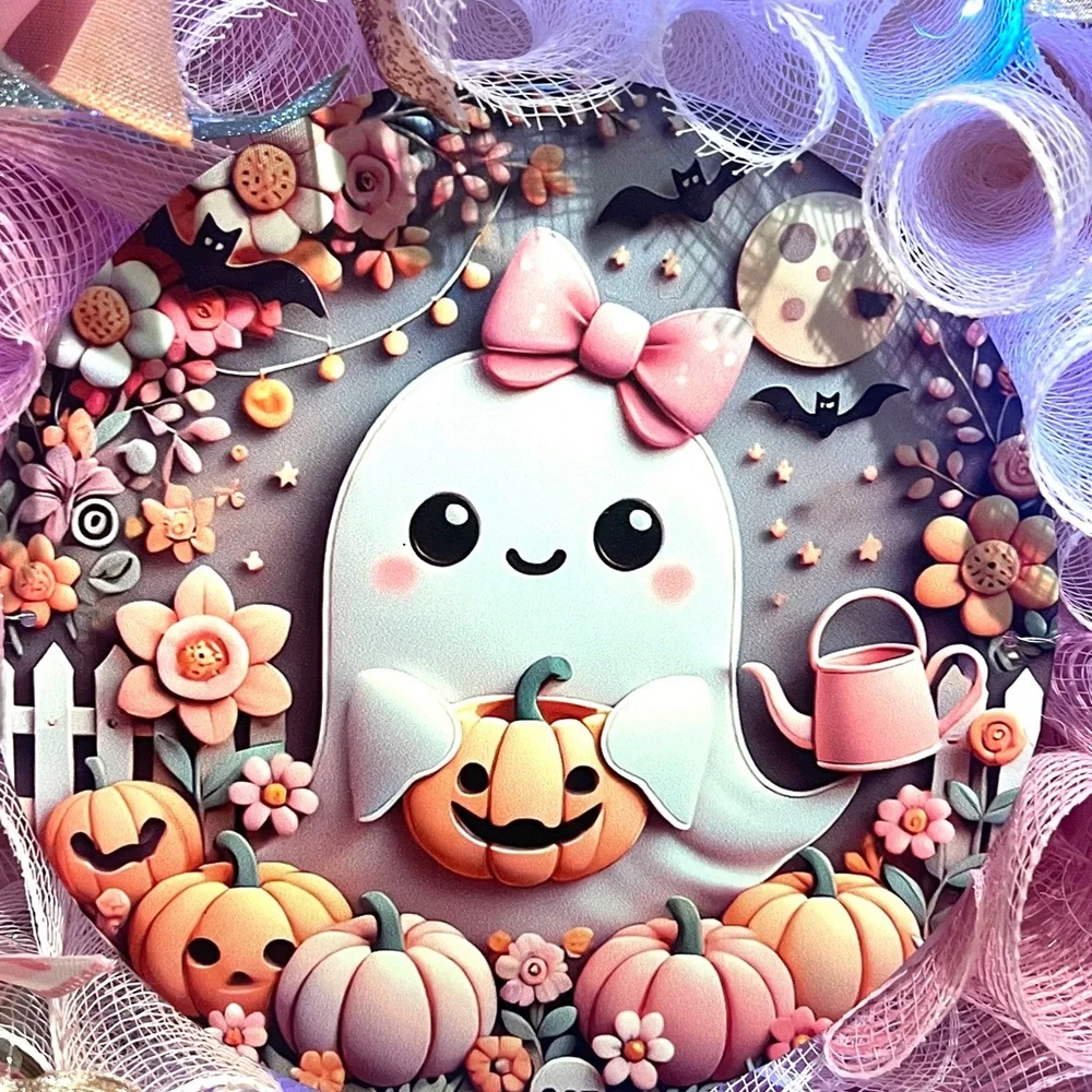 Back in Stock! Handmade 22” Pink Halloween Wreath Ghost Pumpkins LED Lights W17